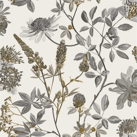 Botanical Blueprint Painterly Branches Grey with Ecru Cream Ground Wal