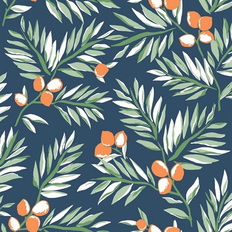 Botanical Citrus Branch Navy, Sage, & Orange Peel and Stick Wallpaper