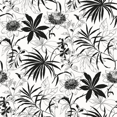 Botanical Tropical Garden Black & White Peel and Stick Wallpaper