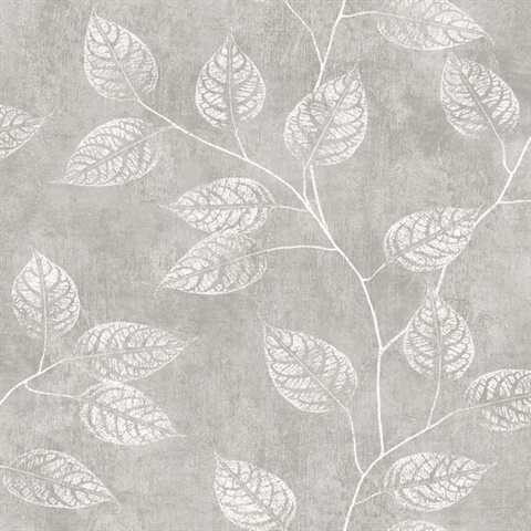 Branch Trail Silhouette Stamp Block Print Leaf Grey Wallpaper