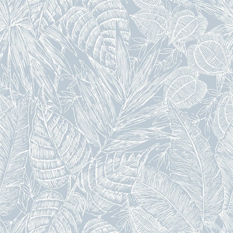 Brentwood Sky Blue Textured Palm Leaves Wallpaper