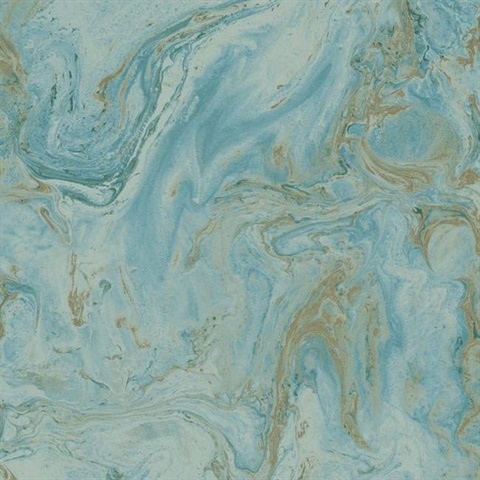 Bright Blue & Gold Oil & Marble Wallpaper