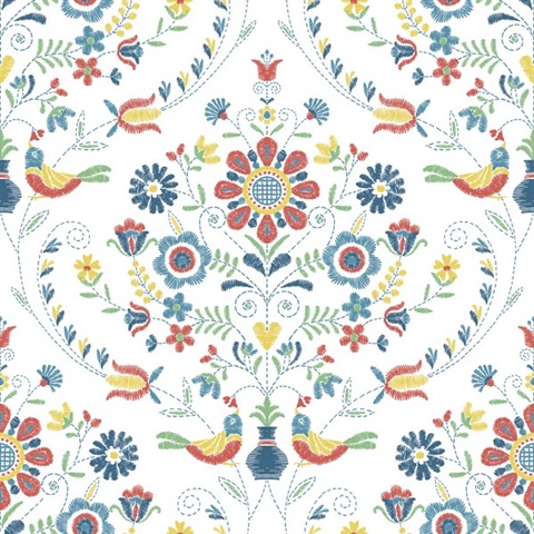Britt Multicolor Embroidered Floral Damask Wallpaper