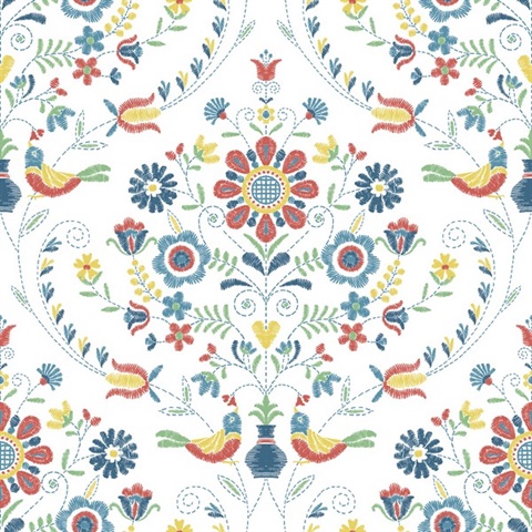 Britt Multicolor Embroidered Floral Damask Wallpaper