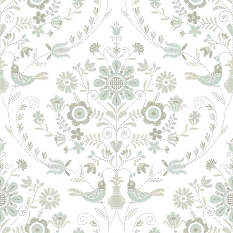 Britt Neutral Embroidered Floral Damask Wallpaper