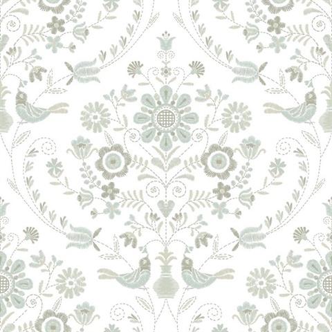 Britt Neutral Embroidered Floral Damask Wallpaper