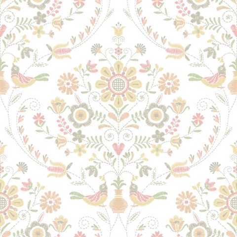 Britt Peach Embroidered Floral Damask Wallpaper