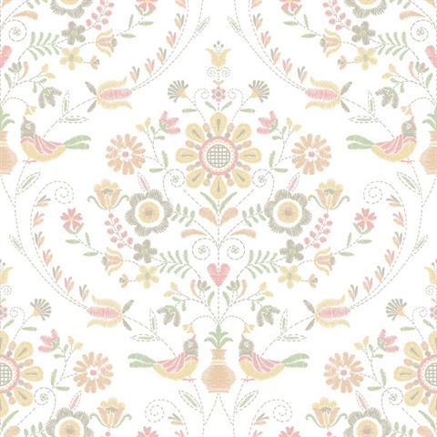 Britt Peach Embroidered Floral Damask Wallpaper