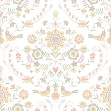 Britt Peach Embroidered Floral Damask Wallpaper