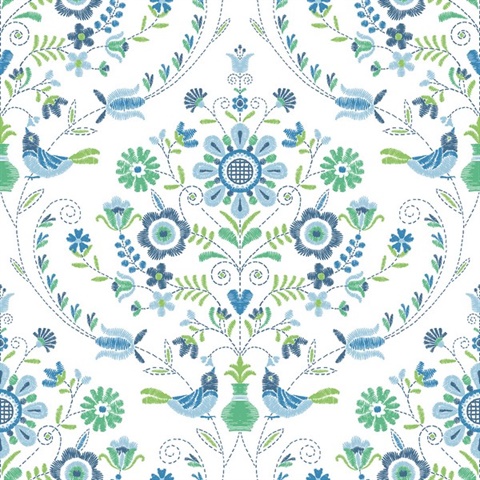 Britt Sapphire Embroidered Floral Damask Wallpaper