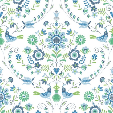 Britt Sapphire Embroidered Floral Damask Wallpaper