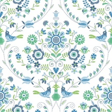 Britt Sapphire Embroidered Floral Damask Wallpaper