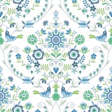 Britt Sapphire Embroidered Floral Damask Wallpaper