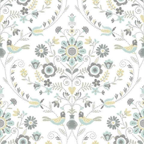 Britt Sea Green Embroidered Floral Damask Wallpaper