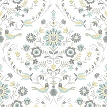 Britt Sea Green Embroidered Floral Damask Wallpaper