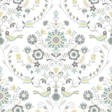 Britt Sea Green Embroidered Floral Damask Wallpaper