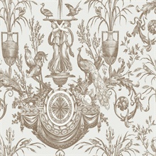 Brown Rooster & Chicken Fountain Toile Wallpaper