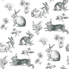 Black &amp; White Bunny Toile Animal Print Rabbit Wallpaper
