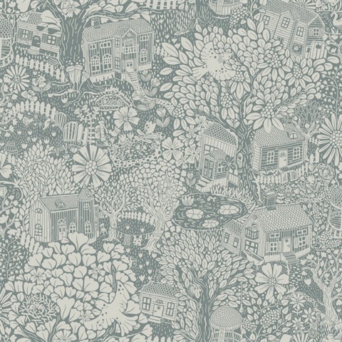 Bygga Bo Blue Woodland Floral Village Wallpaper
