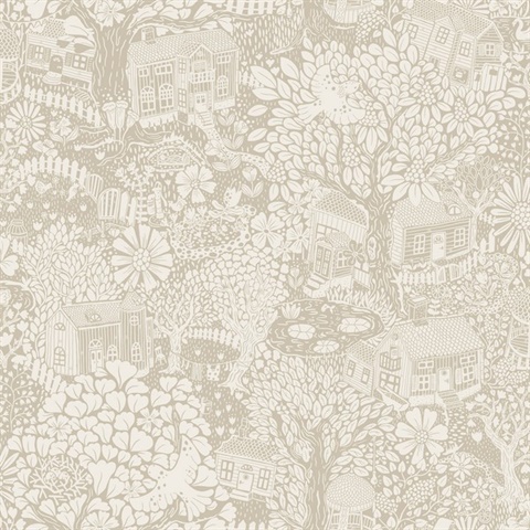 Bygga Bo Light Grey Woodland Floral Village Wallpaper