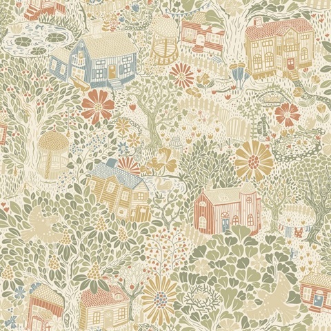 Bygga Bo Neutral Woodland Floral Village Wallpaper