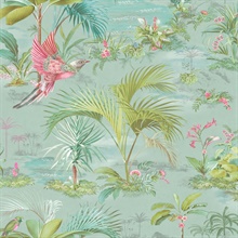 Calliope Light Blue Palm Trees With Bird Wallpaper