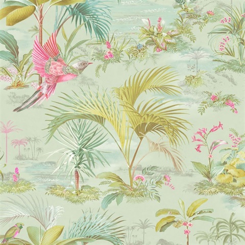 Calliope Seafoam Palm Trees With Bird Wallpaper