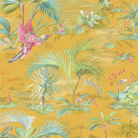 Calliope Yellow Palm Trees With Bird Wallpaper