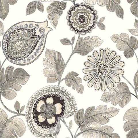 Calypso Boho Floral Grey Wallpaper