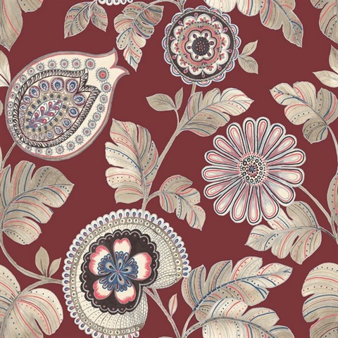 Calypso Boho Floral Maroon Wallpaper