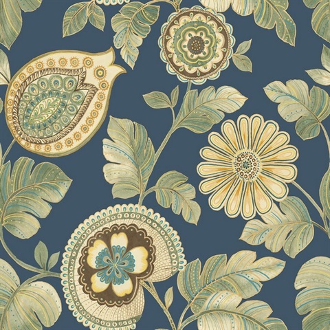 Calypso Boho Floral Navy Blue Wallpaper