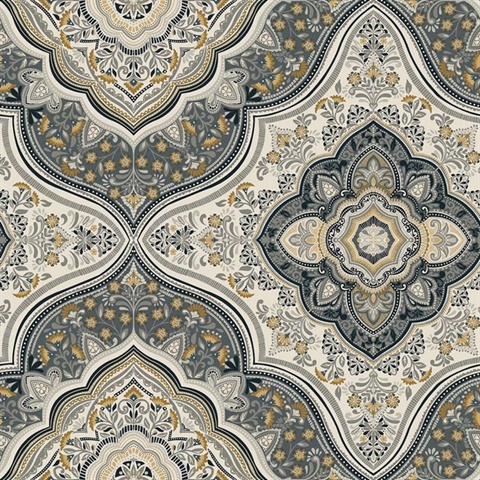 Cambridge Gold and Silver Damask Medallion Wallpaper