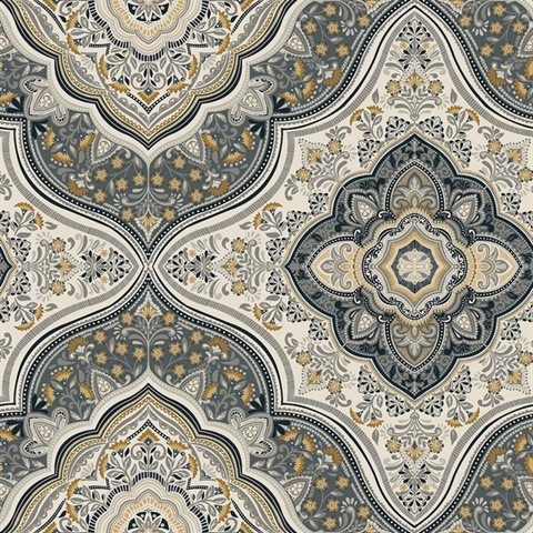 Cambridge Gold and Silver Damask Medallion Wallpaper
