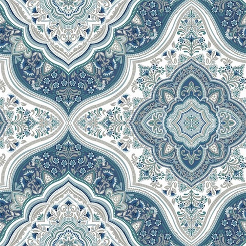 Cambridge Moroccan Blue Damask Medallion Wallpaper