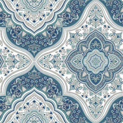 Cambridge Moroccan Blue Damask Medallion Wallpaper