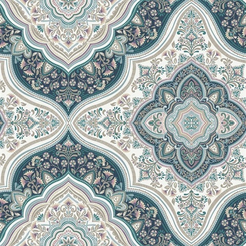 Cambridge Turkish Blue Damask Medallion Wallpaper