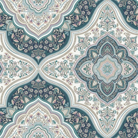 Cambridge Turkish Blue Damask Medallion Wallpaper