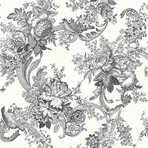 Carmel Black Cornucopia Floral W/Birds Wallpaper