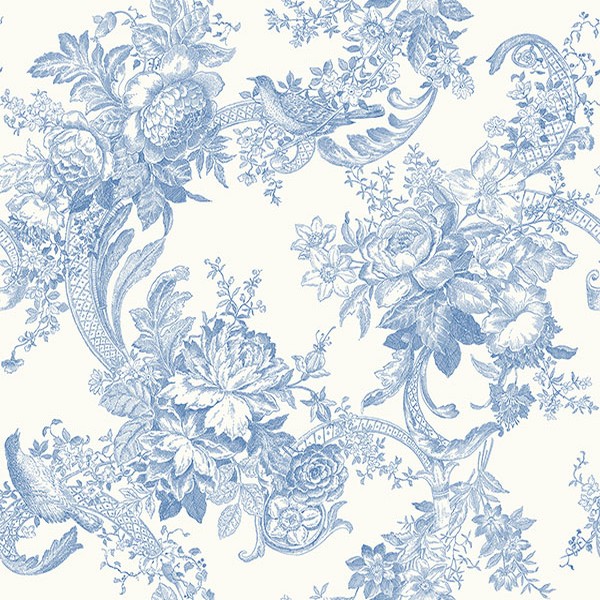 2927-81602  Carmel Light Blue Cornucopia Floral W/Birds Wallpaper