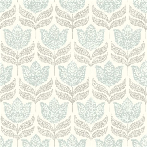 Cathal Aqua Tulip Block Print Wallpaper