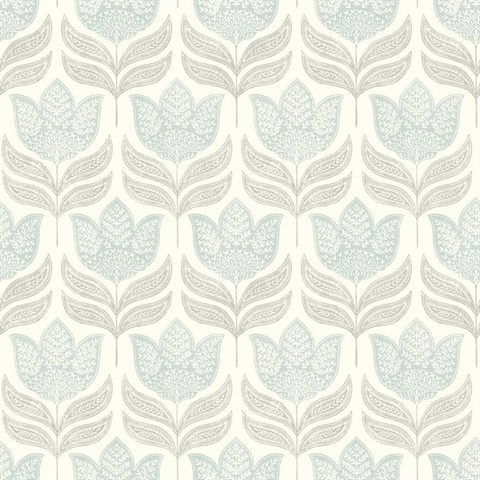 Cathal Aqua Tulip Block Print Wallpaper