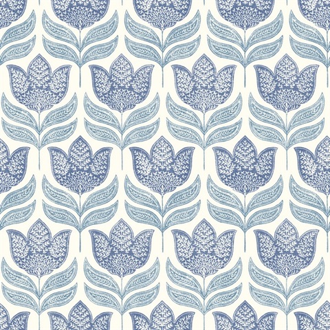 Cathal Blue Tulip Block Print Wallpaper