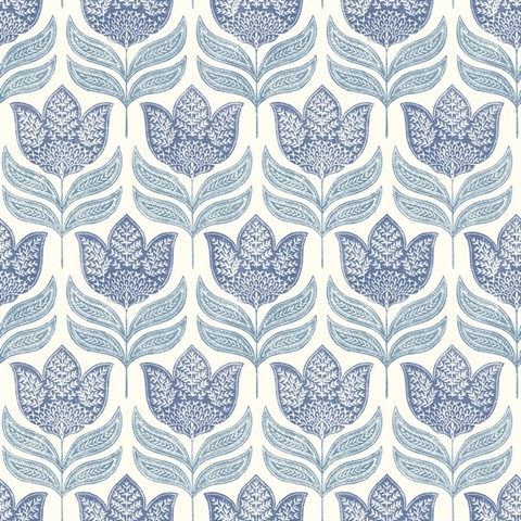 Cathal Blue Tulip Block Print Wallpaper