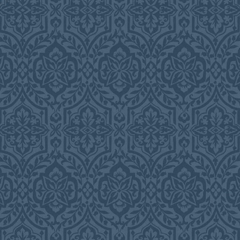 Cathedral Blue Indigo Damask Wallpaper