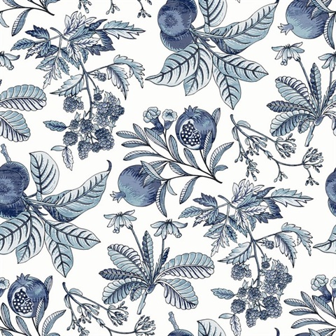 Cecilia Blue Illustrated Fruit & Leaf Wallpaper