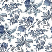 Cecilia Blue Illustrated Fruit & Leaf Wallpaper
