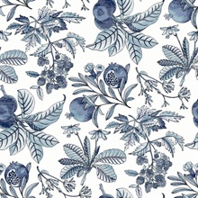 Cecilia Blue Illustrated Fruit &amp; Leaf Wallpaper