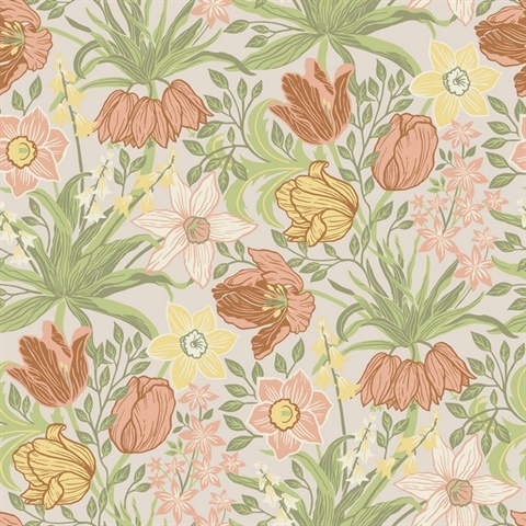 Cecilia Chartreuse Tulip and Daffodil Wallpaper