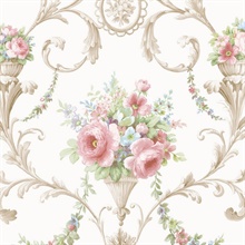Champagne & Pink Ornate Floral Scroll Wallpaper