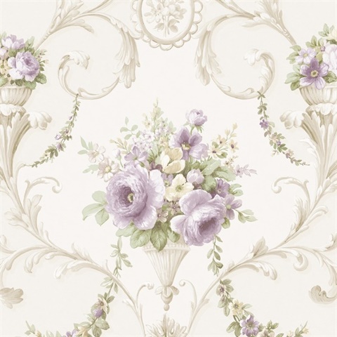 Champagne & Purple Ornate Floral Scroll Wallpaper